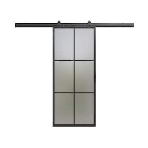 36 in. x 84 in. 6 Lite Frosted Glass Black Finished Metal Sliding Barn Door with Hardware Kit