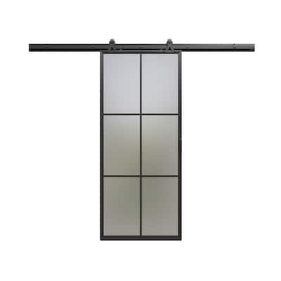Masonite 36 in. x 84 in. 6 Lite Frosted Glass Black Finished Metal Sliding Barn Door with Hardware Kit
