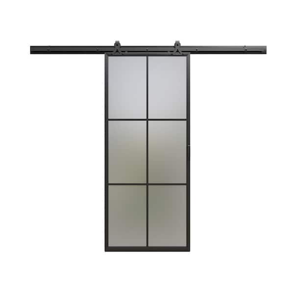 Masonite 36 in. x 84 in. 6 Lite Frosted Glass Black Finished Metal Sliding Barn Door with Hardware Kit