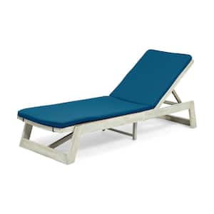 Maki Light Grey Wash 1-Piece Wood Outdoor Chaise Lounge with Blue Cushions
