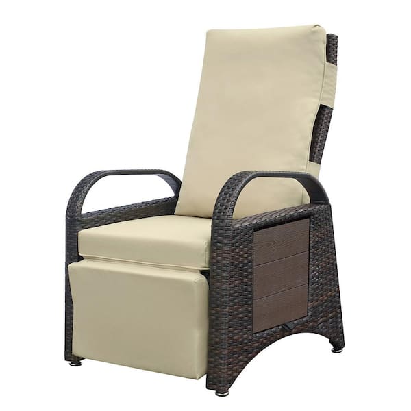 Unbranded 1-Piece Wicker Outdoor Adjustable Recliner with Beige Cushions, Built in Table for Poolside, Backyard