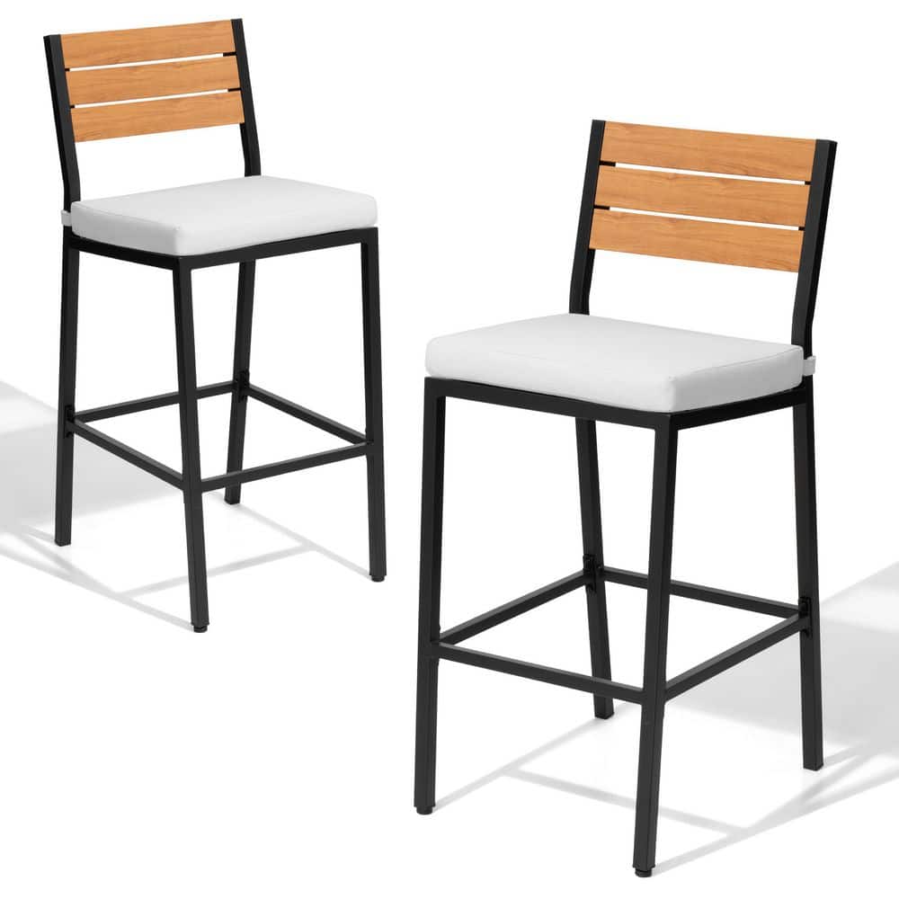 (4-Pack) Metal Outdoor Bar Stool with White Cushions Bar Stools w/1.9 in. Thick Removable Cushions Plastic Wood Backrest price history on PriceWatchPro