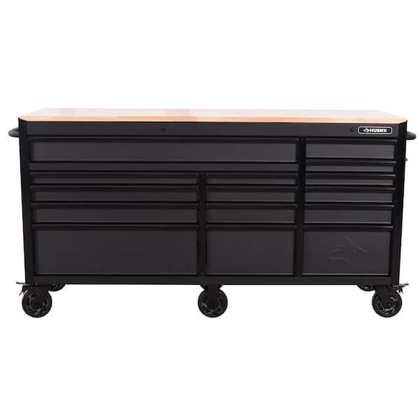 Heavy-Duty 72 in. W x 24 in. D 15-Drawer Matte Black Mobile Workbench Cabinet with Solid Wood Top