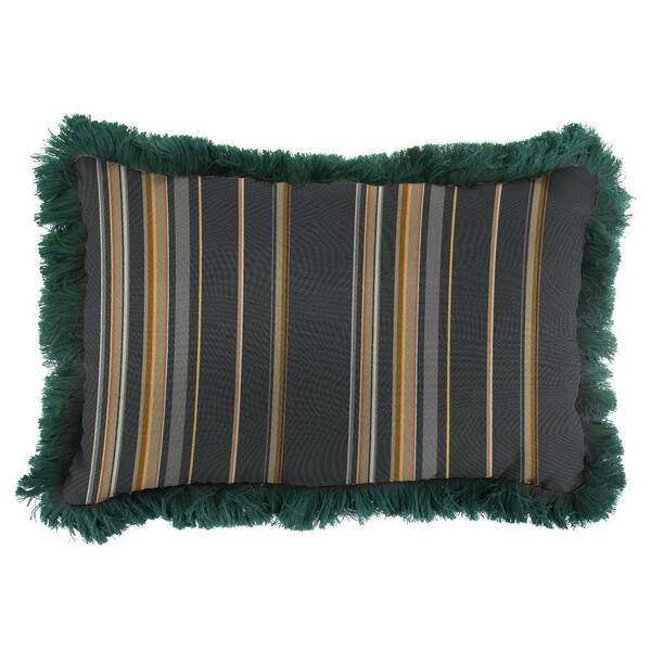 Jordan Manufacturing Sunbrella 9 in. x 22 in. Stanton Greystone Lumbar Outdoor Pillow with Forest Green Fringe