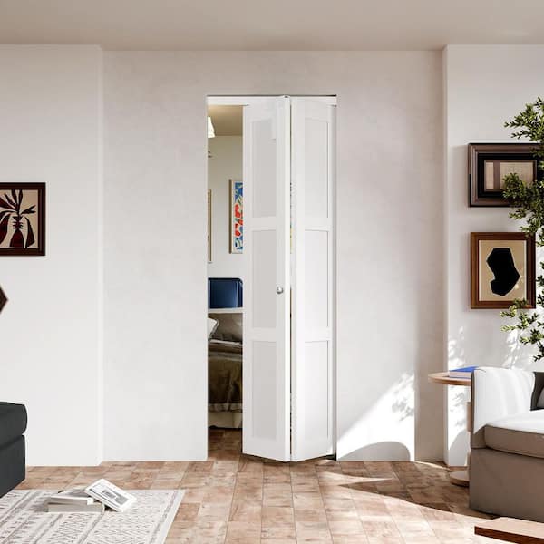 30 in. x 80 in. 3-lite Panel Solid Core White PVC Covering Wood MDF. Bi-fold Door with Locks, Handles and Hardware Kits