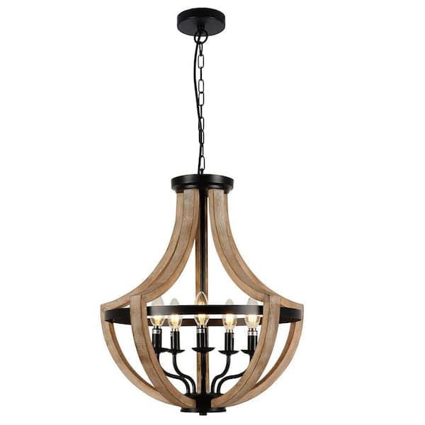 19 in. 5-Light Solid Wood Farmhouse Pendant Light Chandelier with No Bulbs Included