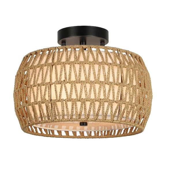 Tatahance 12.6 in. 3-Light Brown Semi-Flush Mount Ceiling Light with Woven Rattan Shade and No Bulbs Included