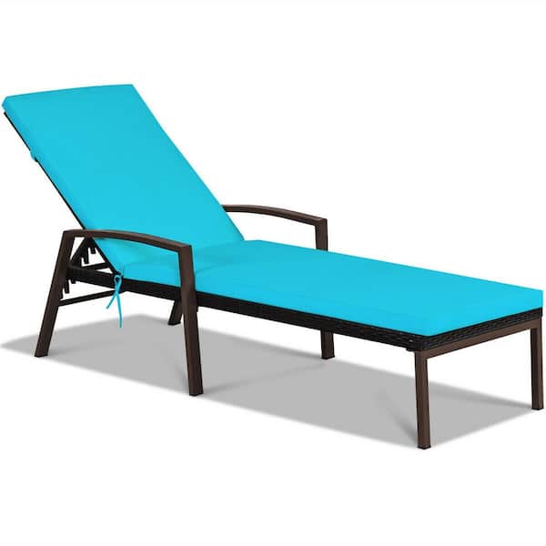 Gtnali Rattan Outdoor Lounge Chair Adjustable Backrest Chaise Recliner with Turquoise Cushion