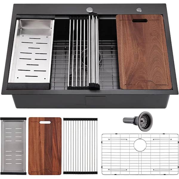 33 in. Handmade Drop-in Single Bowl 16 Gauge Gunmetal Black Stainless Steel Workstation Kitchen Sink with Accessories