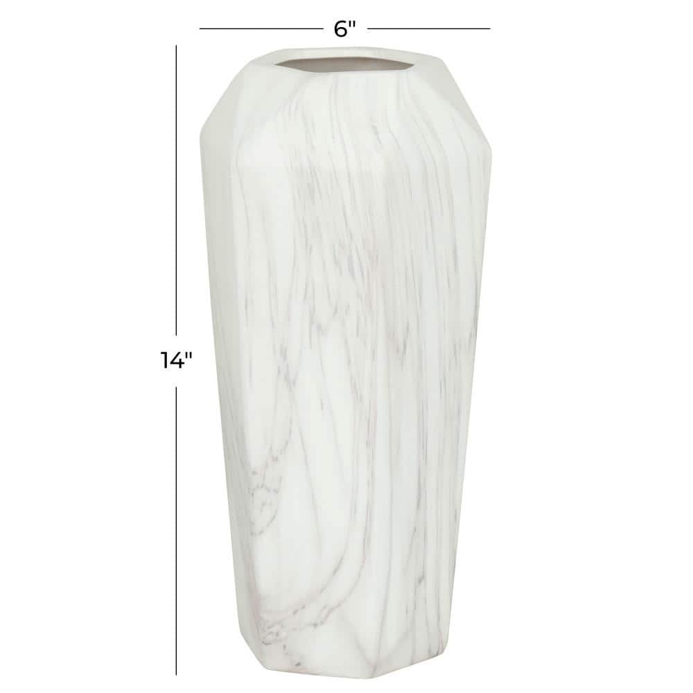 14" White and Gray Faux Marble Ceramic Decorative Vase
