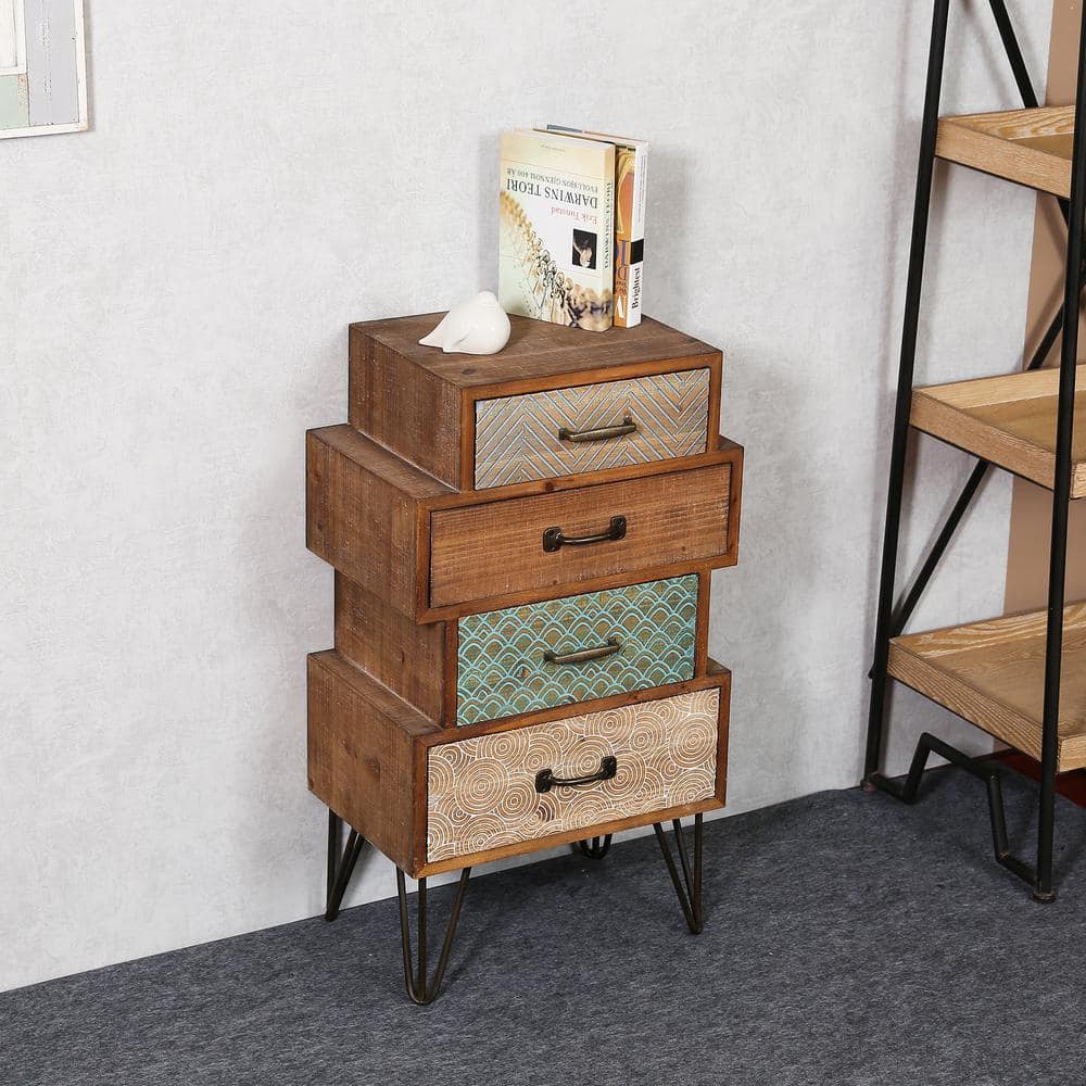 Mid-Century Brown 4-Drawer Wood Accent Chest with Metal Legs