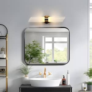 21.3 in. H 1-Light Mid-Century Modern Brass Gold Dry-Rated Wall Sconce Integrated LED Light with Frosted Glass Shades
