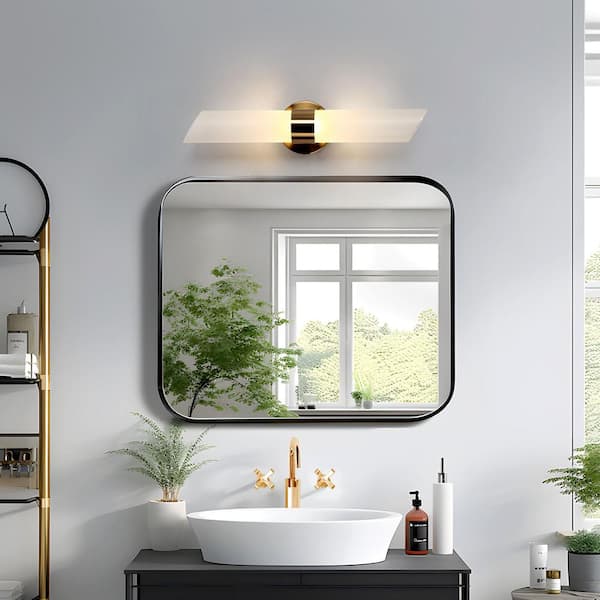 21.3 in. H 1-Light Mid-Century Modern Brass Gold Dry-Rated Wall Sconce Integrated LED Light with Frosted Glass Shades