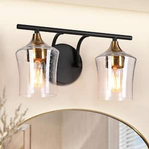 Jallie 14 in. Modern 2-Light Black Bathroom Vanity Lights Brass Gold Bath Lighting Seeded Glass Shade Wall Sconce