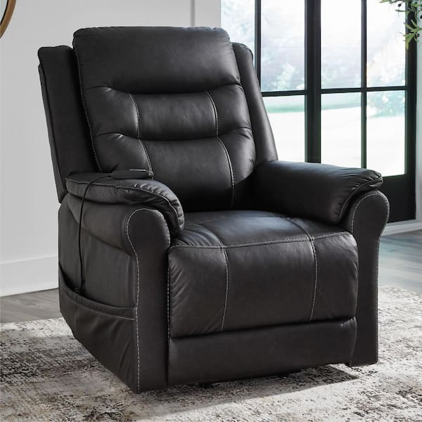 Oatman Black Faux Leather Standard Power Recliner with Heat, Massage, and Storage