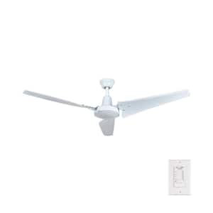 Industrial 60 in. Indoor/Outdoor White Ceiling Fan with Wall Control, Downrod and Powerful Reversible Motor