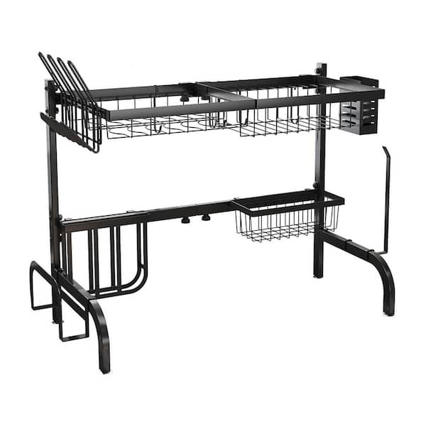 Black Metal Over Sink Adjustable 2-Tier Dish Drying Rack with Hooks Paper Towel Utensil Cup Holder Sink Caddy