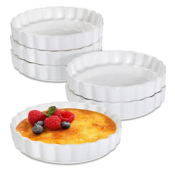 6-Piece Round Ceramic Ramekin Baking Dish Set Oven Safe Creme Brulee Souffle Quiche Pudding White