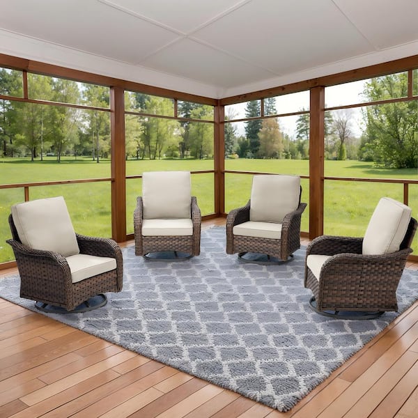 Nyajiah 4-Piece Brown Swivel Rocking Chair Wicker Outdoor Patio Lounge Chair with Beige Cushions