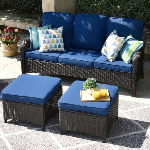 OVIOS Joyoung Brown 3-Piece Wicker outdoor Patio Sectional Conversation Seating Set with Navy Blue Cushions