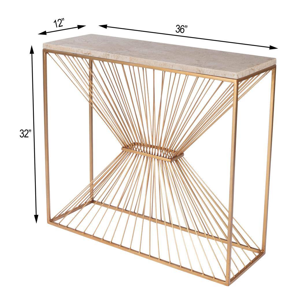 Cosmo Cream Fossil Stone and Gold Metal Console Table