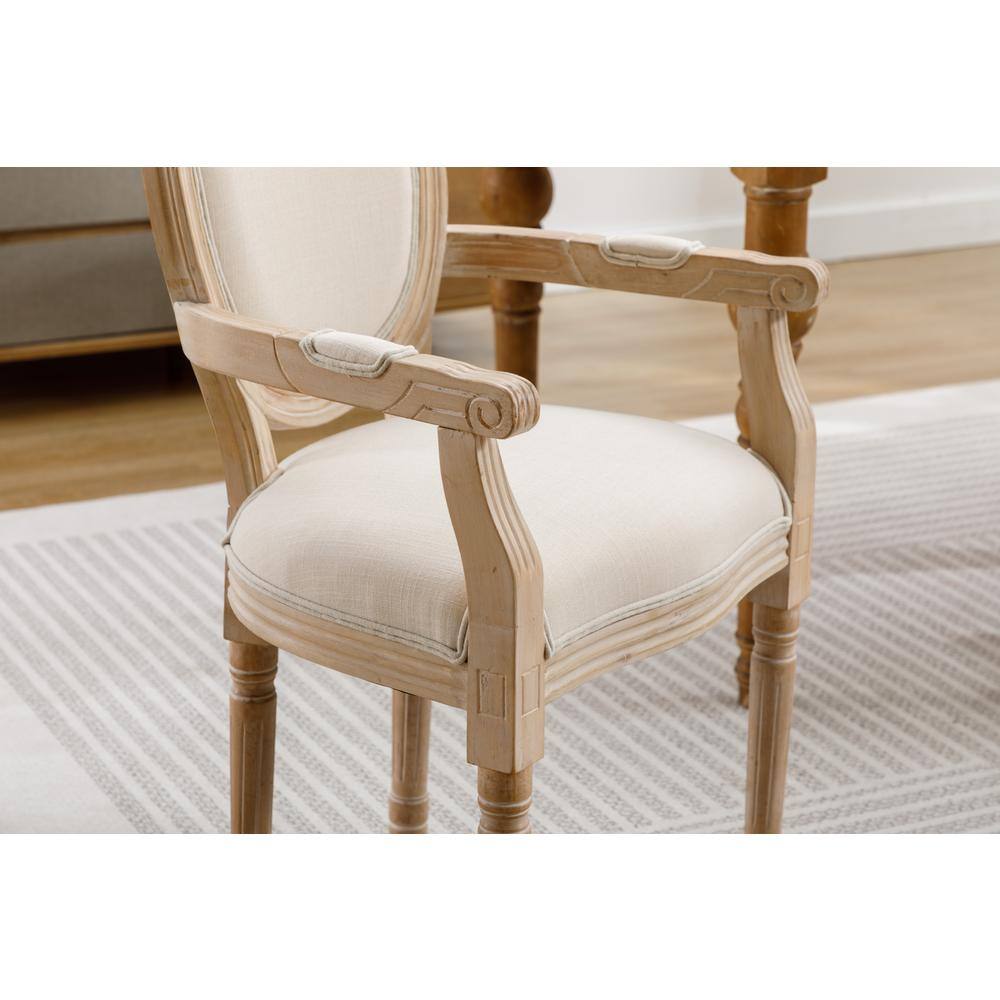 French Style Beige Linen Upholstered Wood Arm Chairs, Set of 2