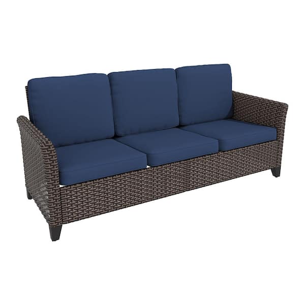 3-Seat Wicker Outdoor Patio Lounge Chair Sectional Set with Blue Cushions