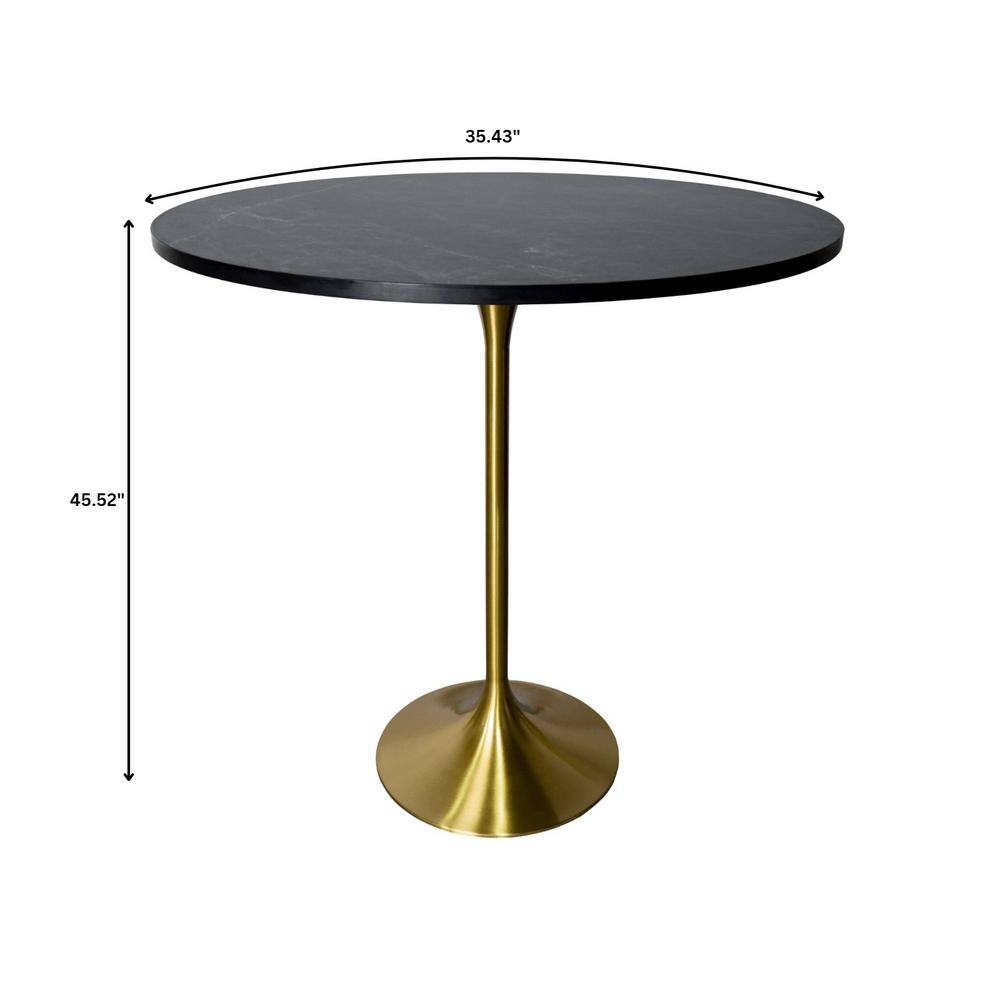Round Black Marbleized MDF Bar Height Table with Gold Pedestal Base