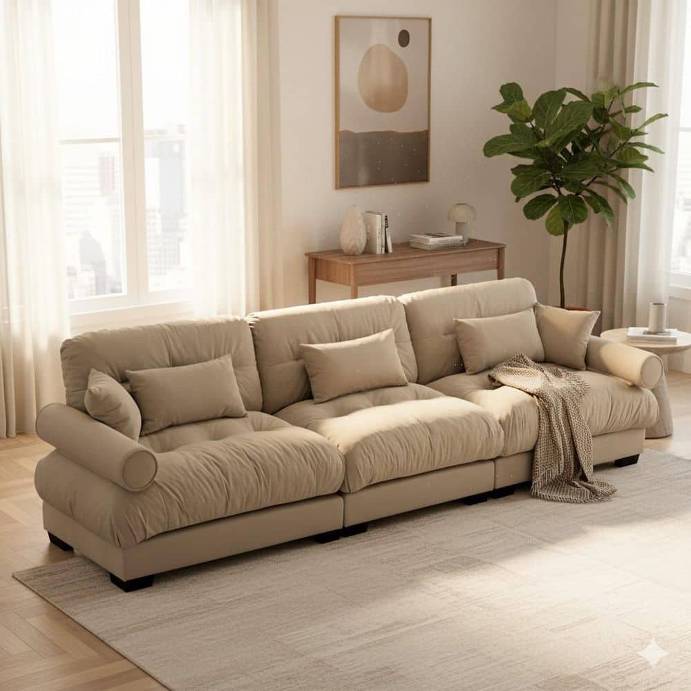 BREAD 130 in. Rolled Arm Velvet 3-Seater Rectangle Cloud Look Sofa with Bolster Armrests and Deep Seats in Camel Brown price history on PriceWatchPro