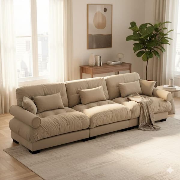 Homy Casa BREAD 130 in. Rolled Arm Velvet 3-Seater Rectangle Cloud Look Sofa with Bolster Armrests and Deep Seats in Camel Brown