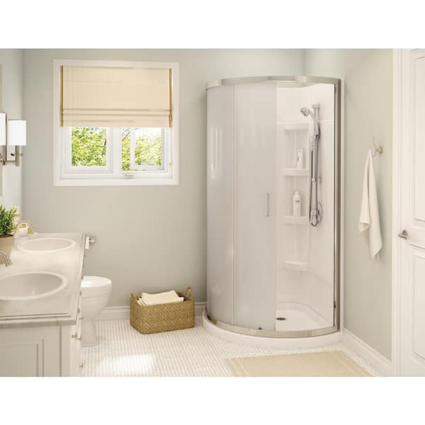 MAAX Cyrene 34 in.x 76 in. Off-Center Corner Shower Kit w/Semi-Frameless Mistelite Sliding Door Base Wall Kit in White,Chrome