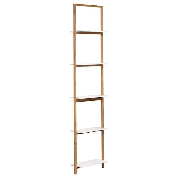 Ladder Wall Leaning 5 Shelves 15.12 in. W x 8 in. D x 70.12 in. H Bamboo and White Free Standing Linen Cabinet