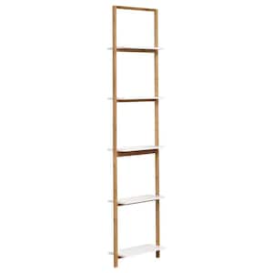 Ladder Wall Leaning 5 Shelves 15.12 in. W x 8 in. D x 70.12 in. H Bamboo and White Free Standing Linen Cabinet