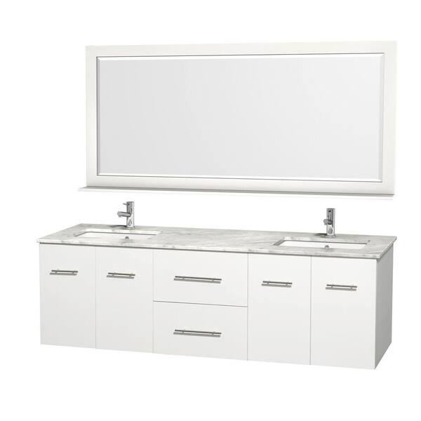 Wyndham Collection Centra 72 in. Double Vanity in White with Marble Vanity Top in Carrara White and Undermount Sink and Mirror