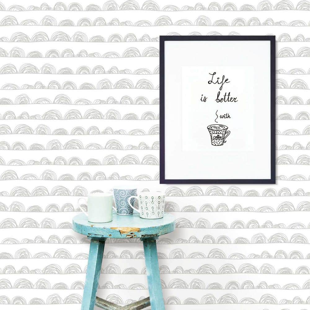 Gray and White Doodle Scallop Peel and Stick Wallpaper Roll