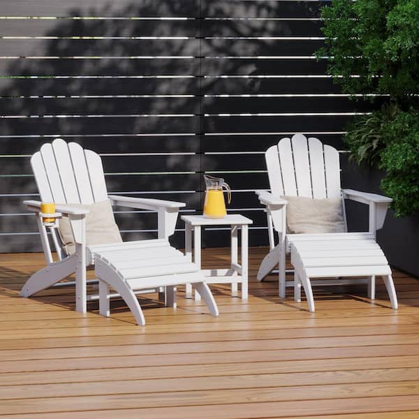Aderson White 5-Piece Outdoor Plastic Adirondack Chairs w/ Cupholders, Side Table, Ottoman Patio Conversation Set