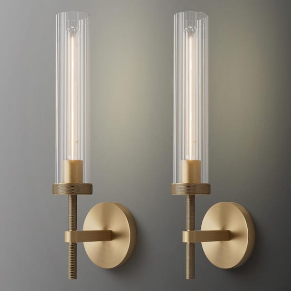 19 in. 1-Light Gold Wall Sconce, Modern Wall Light with Glass Tube for Living Room, Dining Room (2-Sets)