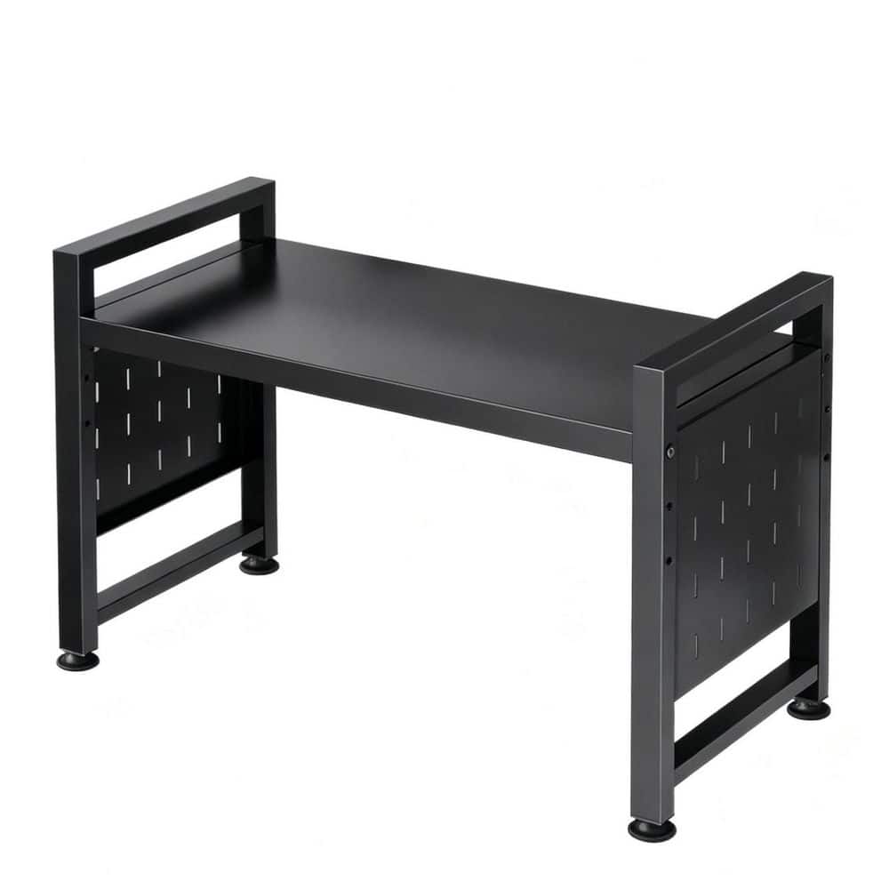2-Tier Black Expandable Heavy Duty Adjustable Shelf with 9 Hooks for Pantry, Countertop, Coffee Bar, Office and Dorm