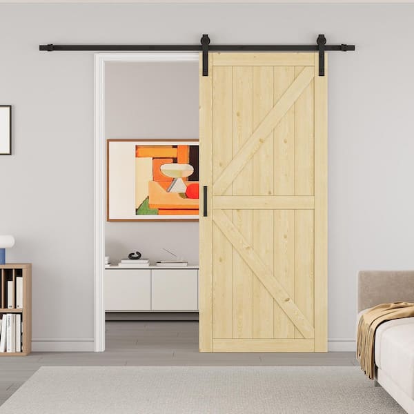 36 in. x 84 in. Paneled K Shape Solid Pine Wood Unfished Barn Door Slab with Installation Hardware Kit and Soft Close