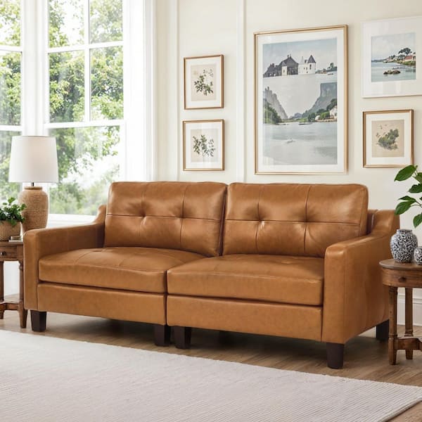 Haya 82 in. W. Square Arm Genuine Leather Upholstered Rectangle Sofa Thick Solid Wood Leg Couch in Brown