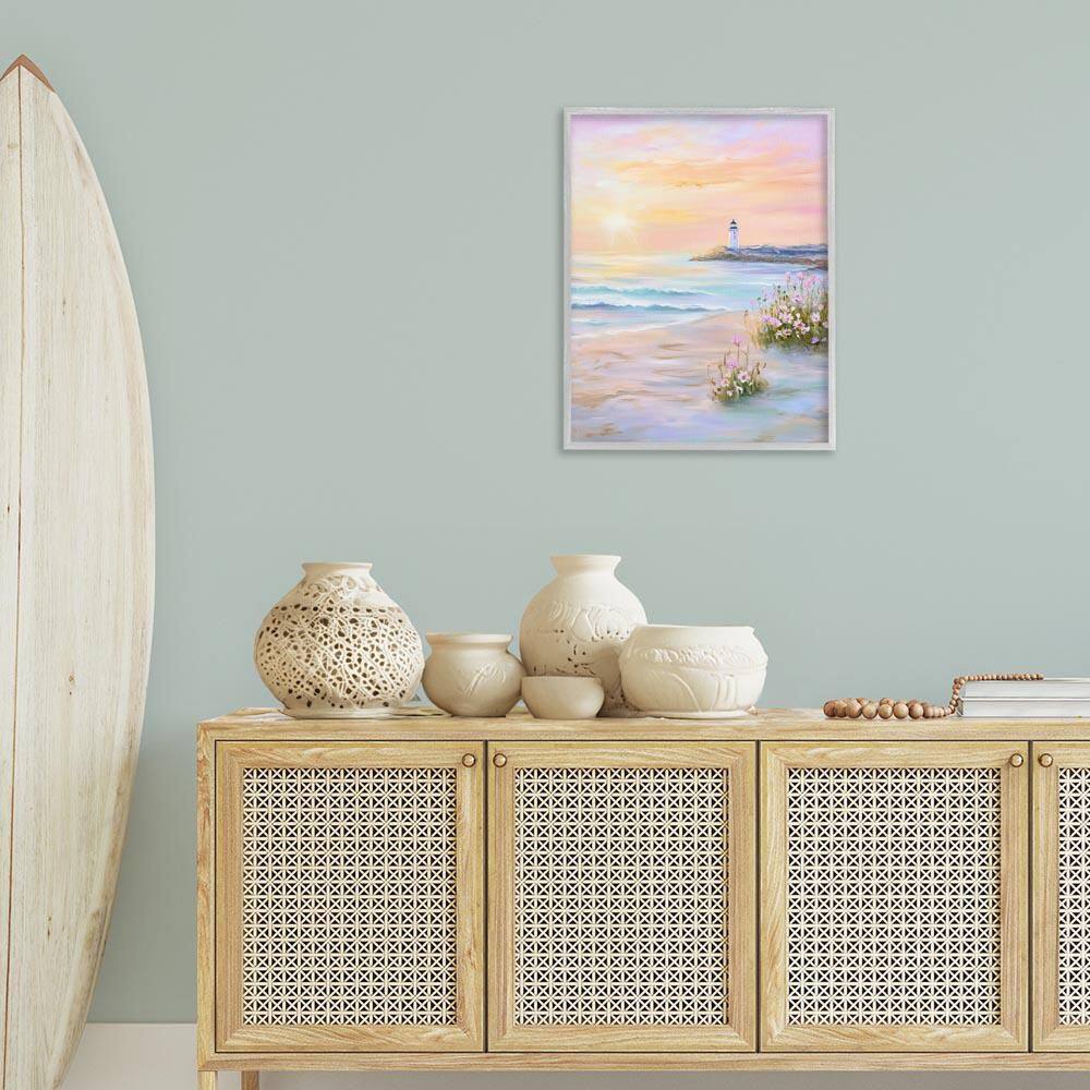 Warm Sunrise with Distant Lighthouse by Arlington Prints Gray Framed Nature Giclee Art Print 30 in. x 24 in. price history on PriceWatchPro