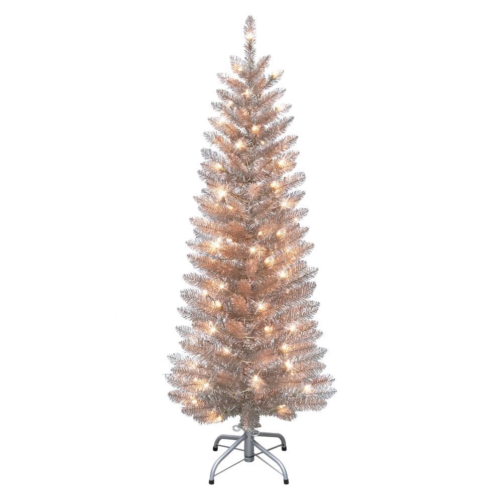 Puleo International 4.5 ft. Prelit Rose Gold Tinsel Artificial Christmas Tree