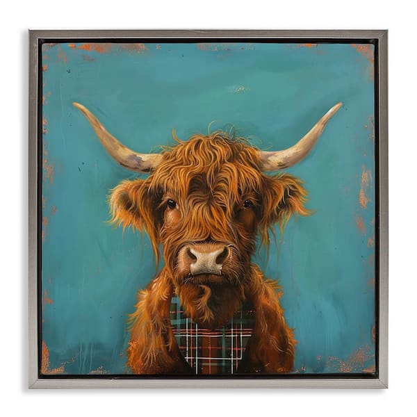 Stupell Industries Highland Cow on Blue by LSR Design Studio Gray Floater Frame Animal Graphic Art Print 25 in. x 25 in.