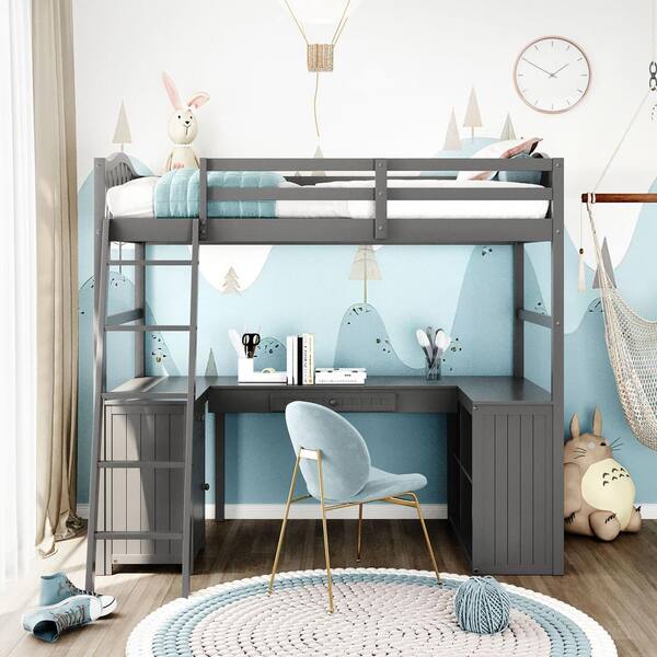 Anbazar Gray Wooden Loft Bed With 2 Drawers 1 Cabinet 4 Shelves Desk And Ladder Twin Size Loft Bed With Desk Ff62 E The Home Depot
