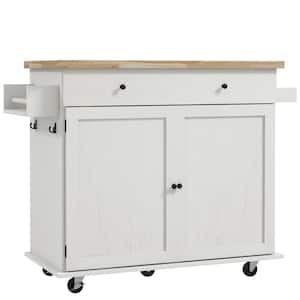 White Rubber Wood 45.5 in. Kitchen Island Cart with Drawer, 2 Hooks, Adjustable Shelves, Spice Rack and Towel Rack