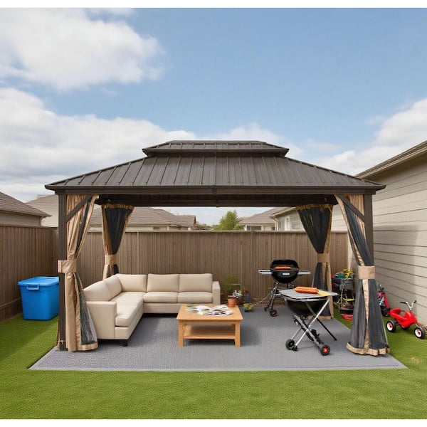 Benja 12 ft. x 10 ft. Aluminum Hardtop Gazebo in Brown with Double Galvanized Steel Roofs and Mosquito Net