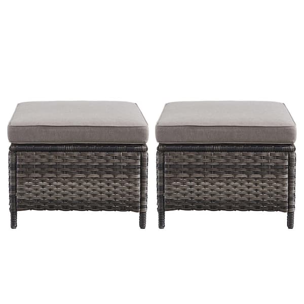 2-Pack Wicker Outdoor Ottoman Steel Frame Footstool with Removable Cushions Gray/Gray