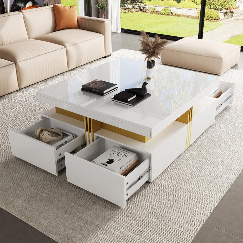 43.3 in. W Glossy White Square MDF Coffee Table  with 4 Drawers price history on PriceWatchPro