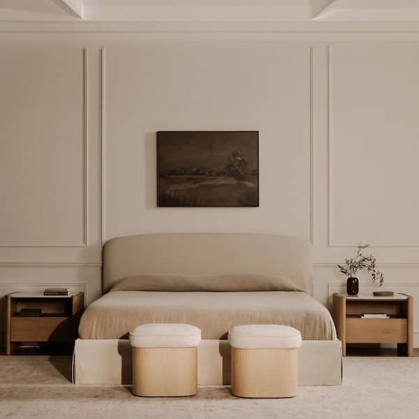 Clarisse Stool, Lift-Top Storage, Ash Veneer Base, Flecked Oatmeal Upholstery, Ash