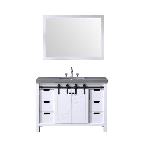 Lexora Marsyas 48 in W x 22 in D White Bath Vanity, Grey Quartz Countertop, Faucet Set and 44 in Mirror